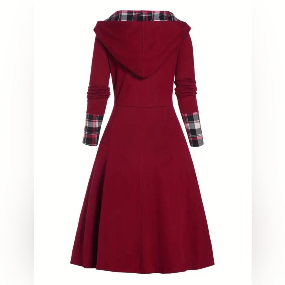 Women’s Red Plaid Print Panel Hooded Midi Dress Size 6 NWOT - Picture 3 of 11